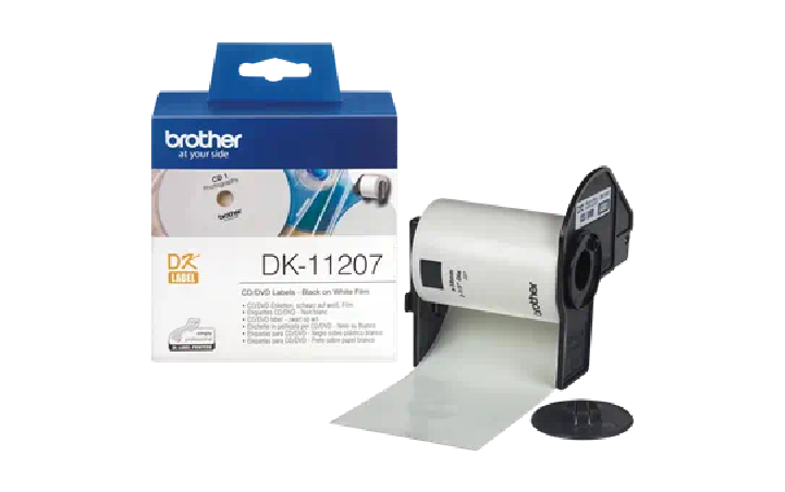 Oryginalne etykiety na rolce do płyt CD/DVD firmy Brother DK-11207 – czarny nadruk na białym tle, 58mm szerokości